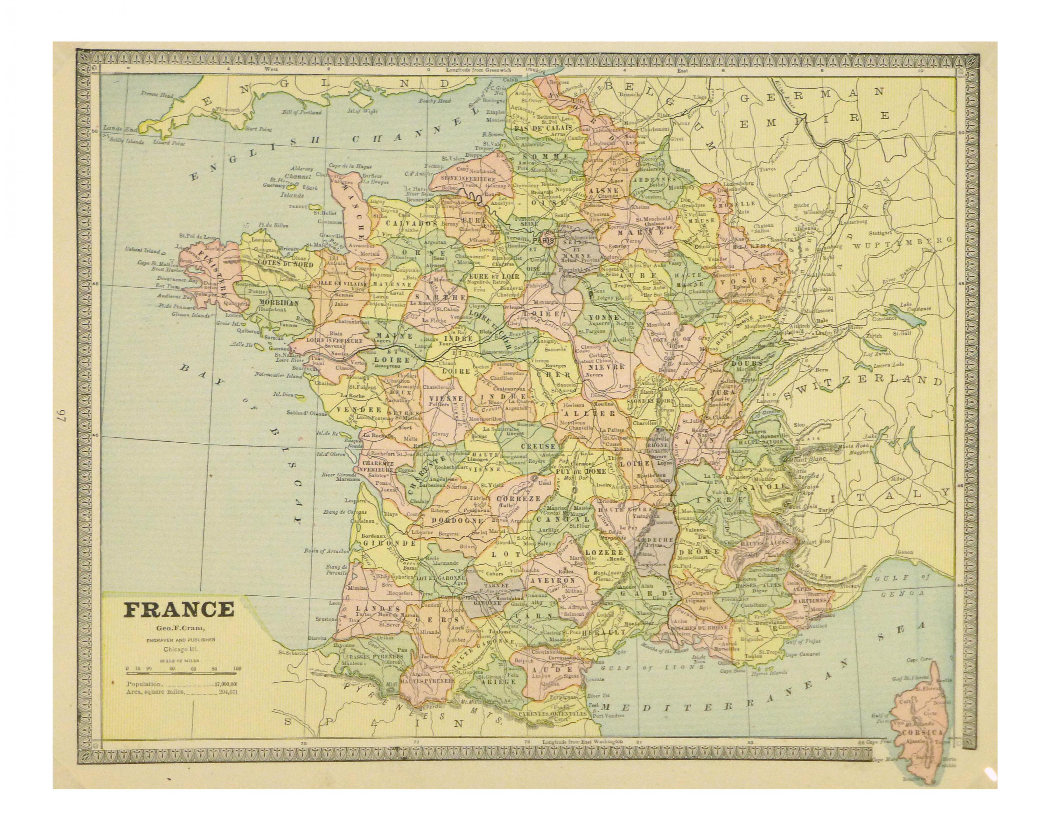 Vintage map of France - Map of France vintage (Western Europe - Europe)