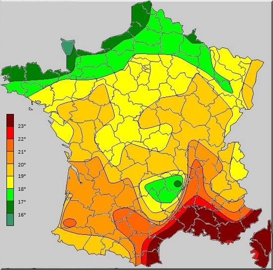 France temperature map - Map of France temperature (Western Europe ...