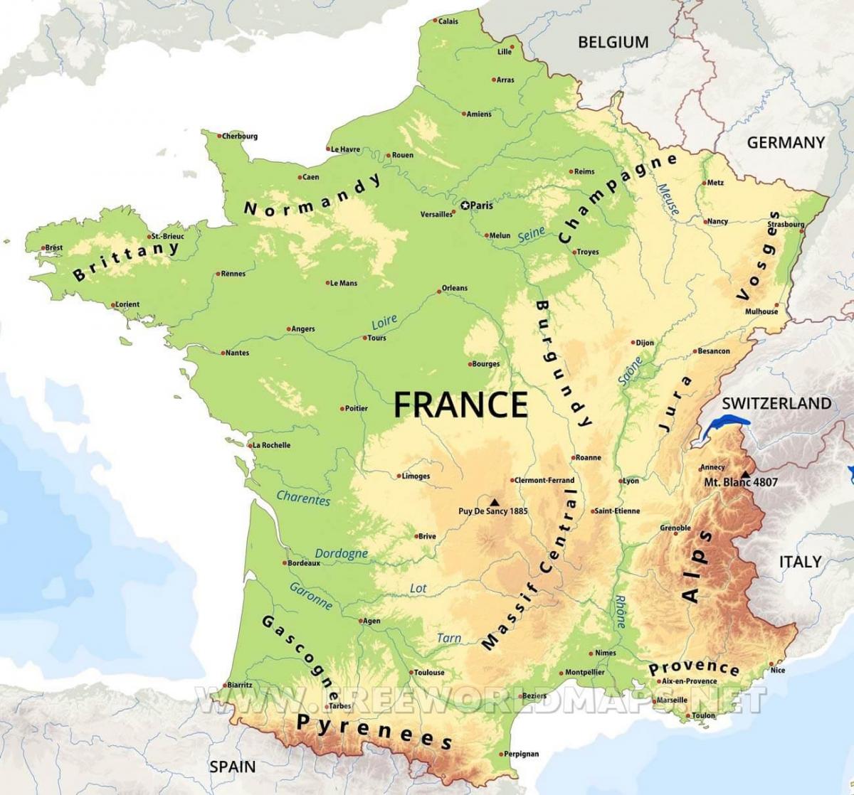 Physical map of France - France physical features map (Western Europe - Europe)